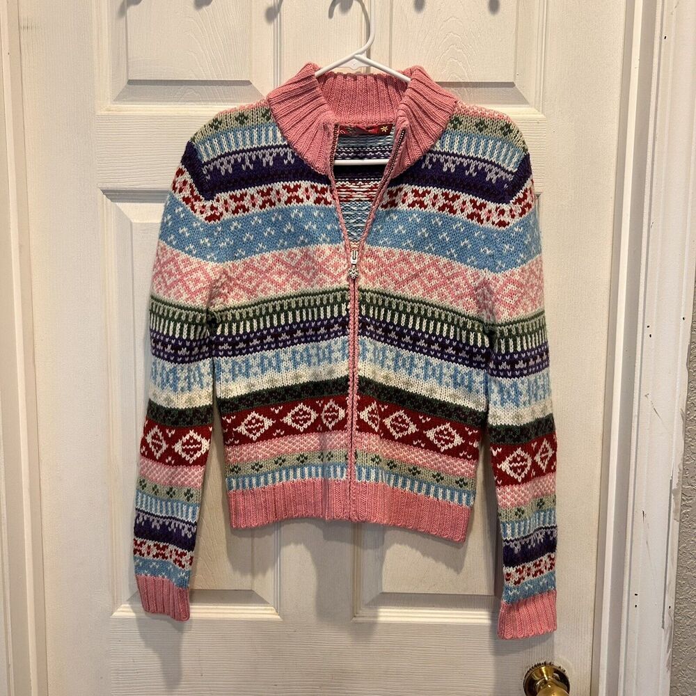 So‎ Fair Isle Cardigan Ski Sweater Large Juniors Zip Front Pink Colorful Y2k